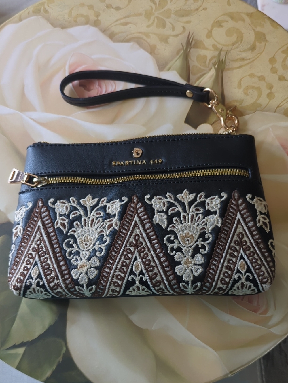 Spartina 449 Black Wristlet with Cream and Brown Embroidery